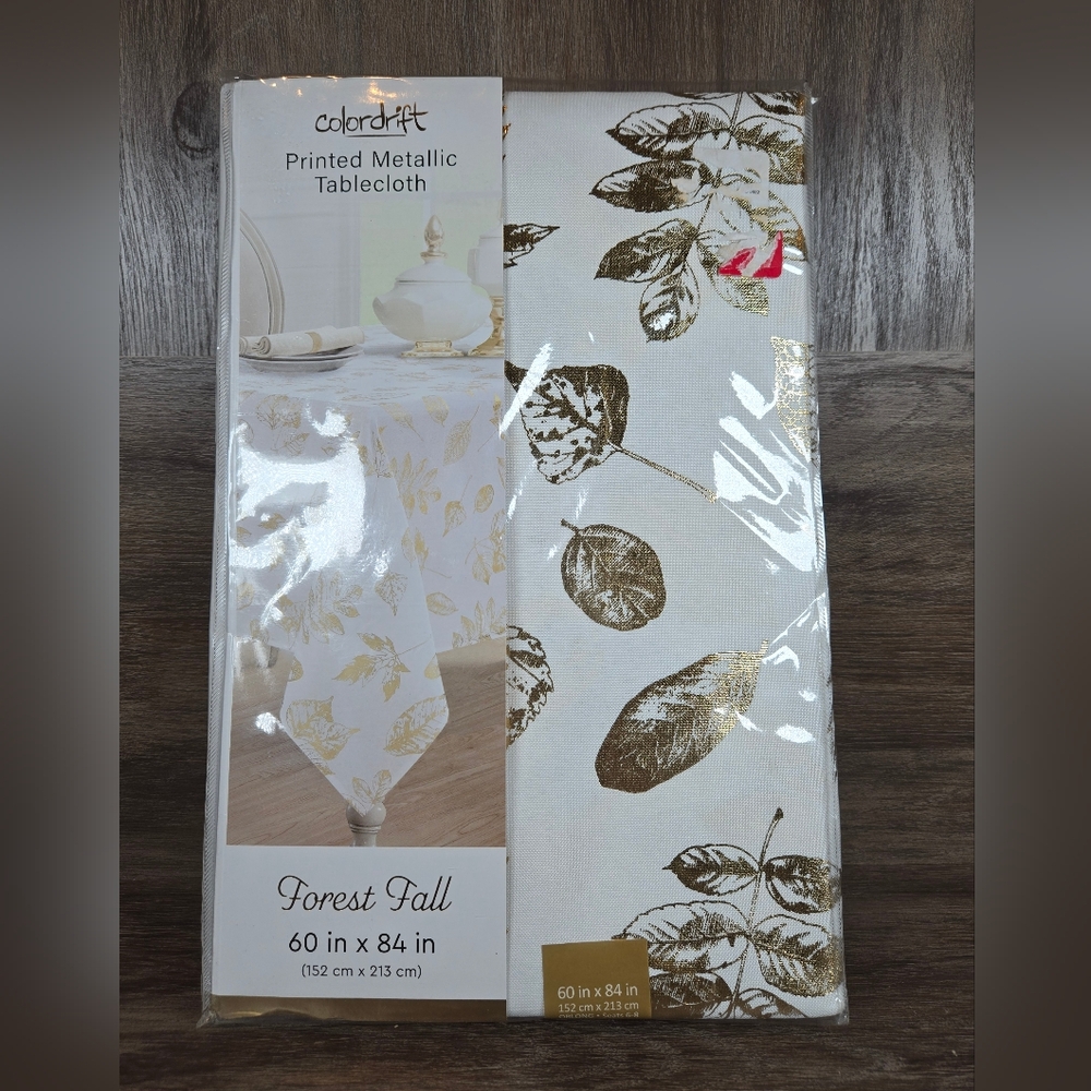 Colordrift Gold White Metallic Tablecloth Leaves Forest Fall Rectangular 60"x84"